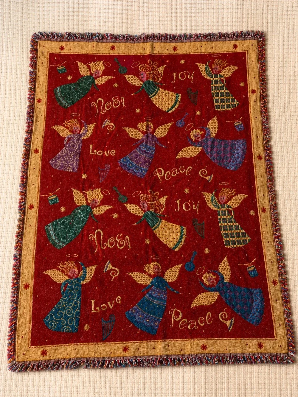 Vintage Christmas Angel Tapestry Throw Blanket Woven Afghan Holiday Joy Peace D